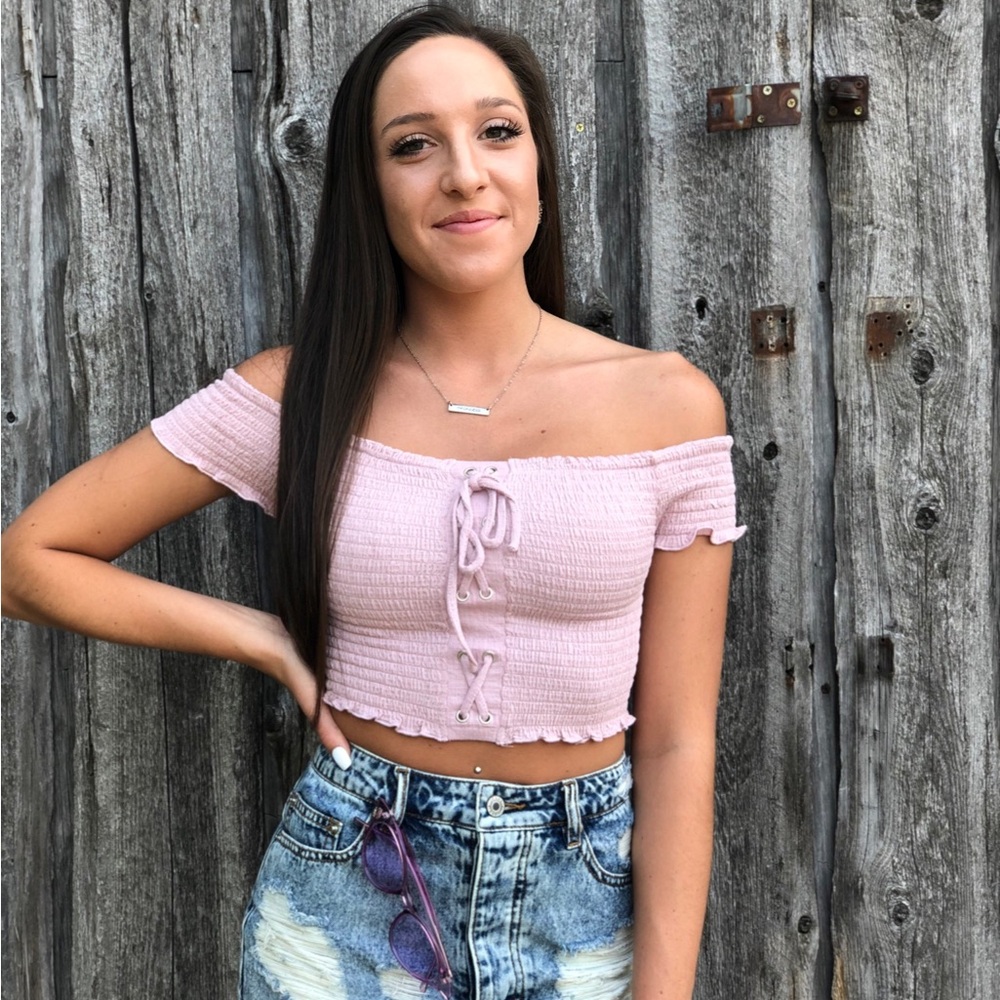 Light Pink Off The Shoulder Front Tie Up Crop Top